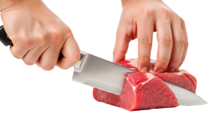 Fresh raw beef, close up of human hands slicing red meat with sharp kitchen knife for cooking preparation food processing and culinary ingredient themes
