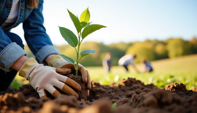 Hands planting tree sapling in soil for environmental conservation and gardening with copy space for arbor day