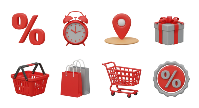 Collection of 3D Red and Gray Icons for Shopping and Sales graphic design isolated on a transparent background