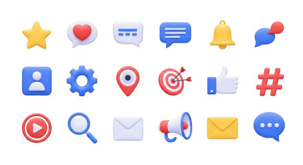 Collection of 3D Social Media and Communication Icons technology digital isolated on a transparent background