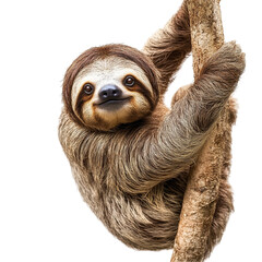 Smiling Sloth on a Tree: A charming sloth with its signature smile hangs serenely from a tree branch, showcasing its relaxed nature in a close-up view.