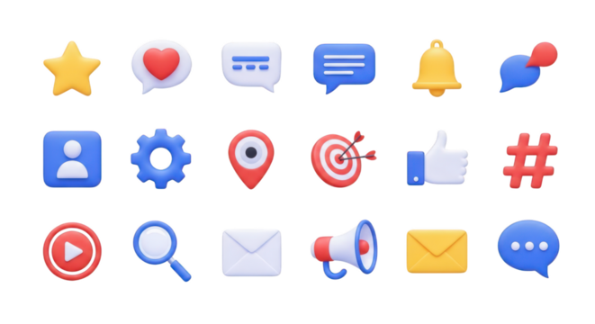 Collection of 3D Social Media and Communication Icons technology digital isolated on a transparent background