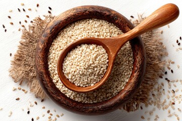 Wooden bowl of white sesame seeds with wooden spoon