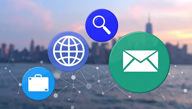 Global communication and networking concepts illustrated with icons