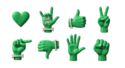 Collection of Green Zombie Hands with Bone Accents Making Various Gestures graphic design isolated on a transparent background