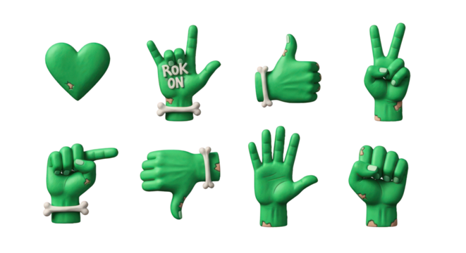 Collection of Green Zombie Hands with Bone Accents Making Various Gestures graphic design isolated on a transparent background