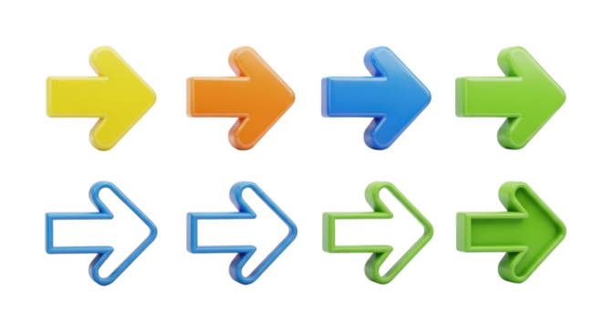 Collection of eight colorful 3D rendered arrows pointing right direction isolated on a transparent background