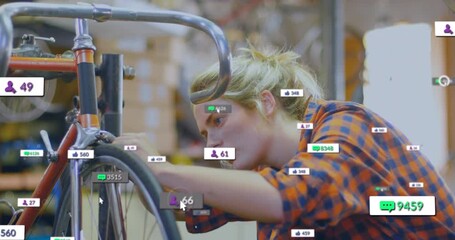 Female bicycle mechanic tightening front wheel repair starting social media metrics growing fading - Powered by Adobe