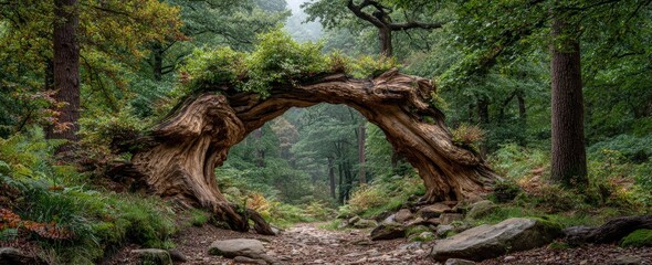 Ancient forest archway. Lush overgrown woodland path framed by a gnarled, arching tree trunk