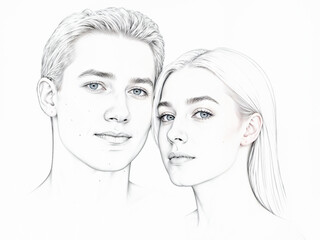 Two young adults are depicted in a detailed portrait, showcasing their clear eyes and distinct facial features. The soft lines define their expressions and create a serene atmosphere.