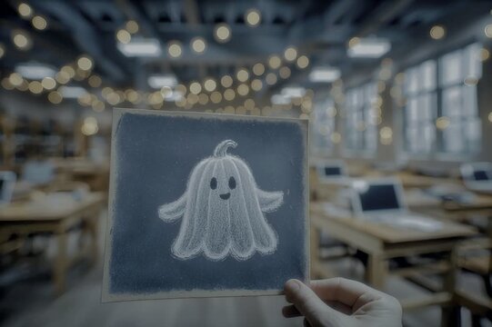 Main tenant un dessin de petit fant&ocirc;me mignon, animation subtile dans une salle de classe lumineuse