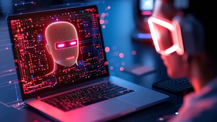 Futuristic cyber security with hacker avatar in virtual reality, laptop digital mask, neon light, technology, computer - Powered by Adobe
