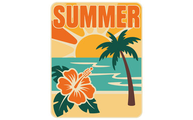 Retro Summer Vacation Illustration with Palm Tree Hibiscus Flower and Ocean Scenery Beach Time Holiday Vibes