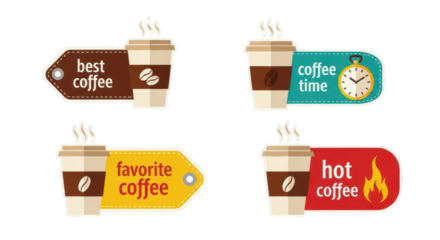 Four Coffee Labels with Cups Best Coffee Time Favorite Hot Coffee graphic design isolated on a transparent background