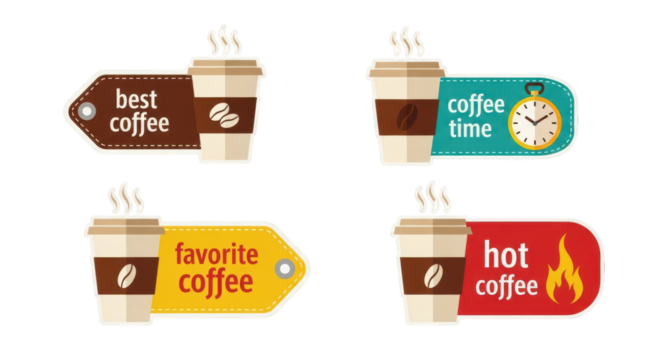 Four Coffee Labels with Cups Best Coffee Time Favorite Hot Coffee graphic design isolated on a transparent background