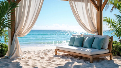 Cozy sofa on white sand beach with ocean blue cushions and flowing curtains. Tropical plants sway as gentle waves lap nearby under clear skies. Sunlit serene seaside setting blending comfort and natur