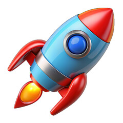 Cartoon rocket ship blasting off with fiery exhaust isolated on transparent background