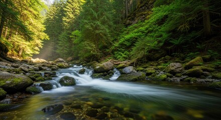 Fototapeta premium Lush emerald forest river flowing over mossy rocks, showcasing natures serenity and tranquility, a