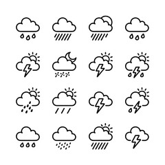 Weather Forecast Outline Icon Set Depicting Rain Sun Snow and Thunderstorms for Meteorology and Climate Related Projects