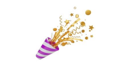 Gold Confetti Explosion From Party Popper With Purple Stripes celebration isolated on a transparent background