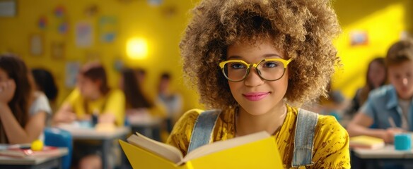 The student reading a book in a vibrant classroom filled with energy.