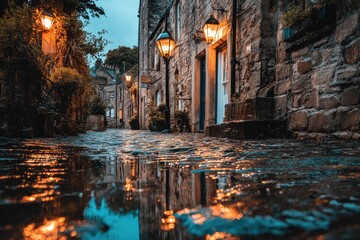 Rainy evening in a cobbled alley