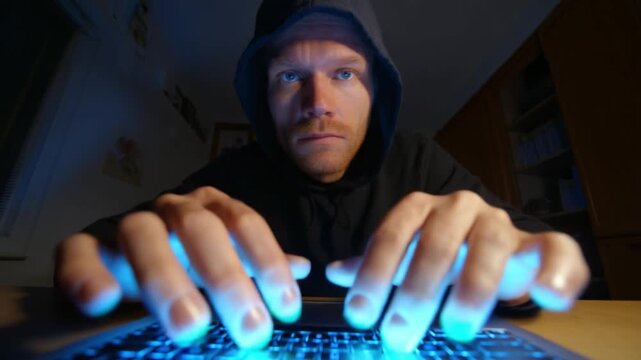 Hacker at Work: A focused individual in a dark, moody environment, intently working on a laptop, illuminated by the glow of the screen, a visual representation of cyber security