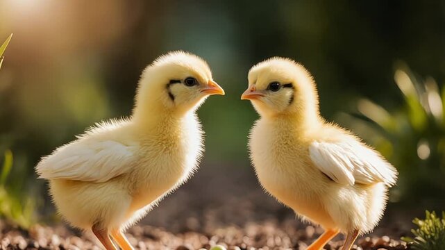 Two adorable yellow chicks standing together in a soft, sunlit outdoor setting
