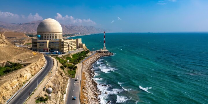Aerial view of bushehr nuclear power plant meeting persian gulf coastline