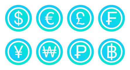 Symbols, gradient blue icons of national currencies, Dollar, Euro, Pound Sterling, Franc, Yen, Won, Ruble and Baht. Vector illustration.