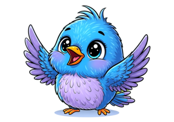 Cute cartoon blue bird with open wings isolated on transparent background