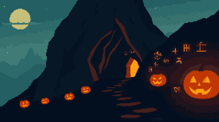 Pixel Art Halloween Scene with Pumpkins and Moon