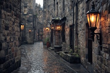 A narrow, cobbled Edinburgh alleyway, rain-slicked, lit by gas lamps