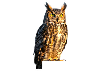 Naklejka premium Great horned owl perched on a branch isolated on transparent background