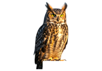 Great horned owl perched on a branch isolated on transparent background