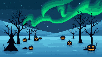 Naklejka premium Haunting Night with Pumpkins and Northern Lights