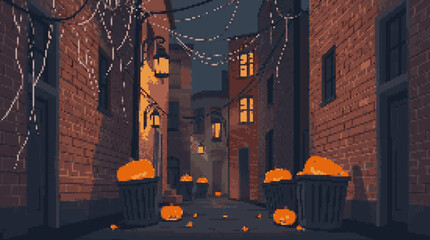 Obraz premium Charming Night Alleyway with Flickering Lanterns and Pumpkins