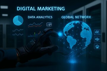 Digital marketing concept with data analytics and global network hologram projected on a gloved hand in a server room, representing technology and business strategies