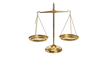 Antique brass balance scale symbolizing justice and fairness, isolated on a transparent background