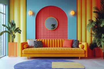 Vibrant living room with abstract geometric shapes, inspired by the Postmodern Memphis style. 3D rendering, Generative AI