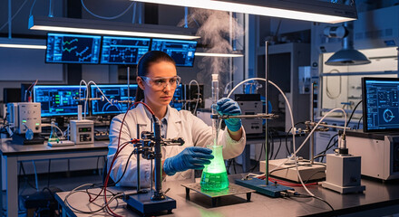 Focused female scientist in a lab coat conducting a steaming experiment with a glowing green liquid.