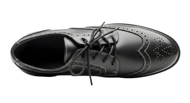 A black leather oxford wingtip brogue shoe with laces, viewed from the top, isolated on transparent background