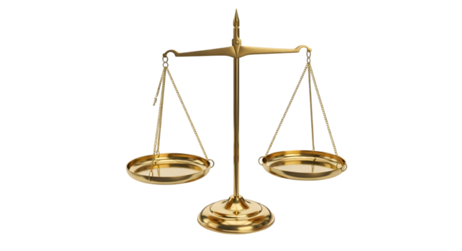 Antique brass balance scale symbolizing justice and fairness, isolated on a transparent background