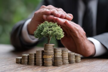 Businessman protects investment on table featuring stacks of coins with a small tree symbolizing growth and sustainability during a financial planning session in an outdoor setting