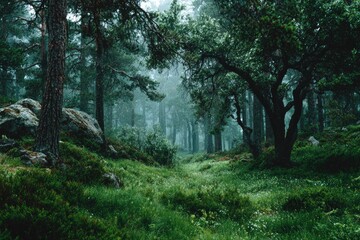 Fototapeta premium Misty forest path, lush greenery