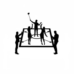 Diverse marketing team smiling and taking a selfie silhouette isolated on white background