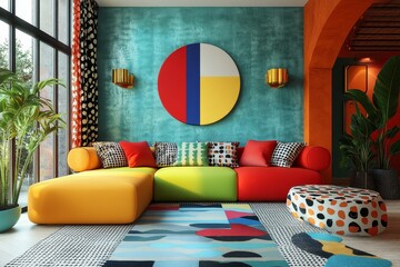 Vibrant living room with abstract geometric shapes, inspired by the Postmodern Memphis style. 3D rendering, Generative AI