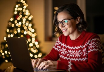 A woman wearing a festive red sweater and glasses smiles while using a laptop in front of a glowing christmas tree at night
