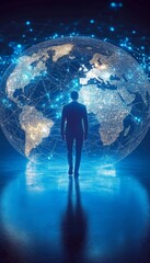 Businessman Stepping Forward on Global Network Visualization, Showcasing Innovation and Connectivity