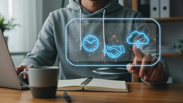 Cloud Computing for Future Business: Adult man interacts with a glowing holographic interface in a modern office, visualizing digital data management and efficient global connectivity.